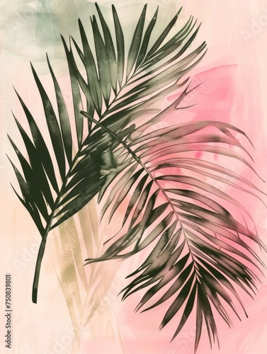 Detailed view of a palm leaf against a soft pink backdrop  showcasing its texture and vibrant green hues.