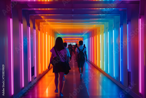 A group of people walking down a hallway with colorful lights. Neural network generated image. Not based on any actual scene or pattern.