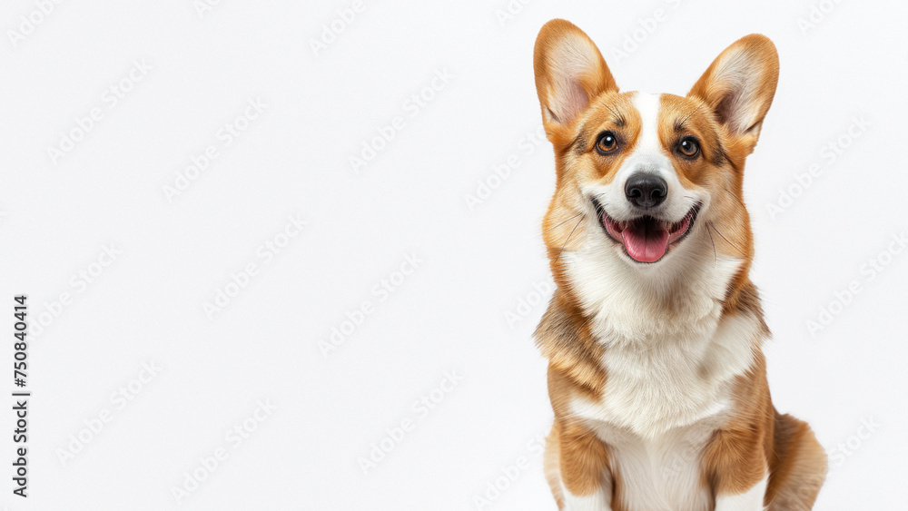 A cheerful corgi dog with a wide smile and alert ears against a white, spacious background