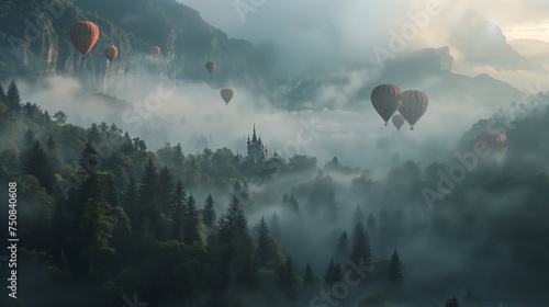 A cluster of hot air balloons soaring above a misty forest. © Annu's Images