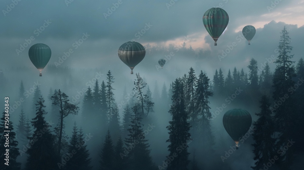 A cluster of hot air balloons soaring above a misty forest. - obrazy, fototapety, plakaty 