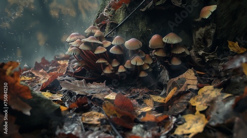 A cluster of mushrooms emerging from the forest floor  surrounded by fallen leaves in various stages of decay.
