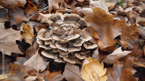 A cluster of mushrooms emerging from the forest floor, surrounded by fallen leaves in various stages of decay.