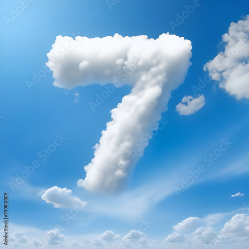 Number 7 made of clouds. Alphabet shape clouds in a blue sky. AI image.