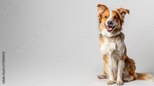 A well-trained domestic dog sits obediently against a soft gray backdrop, looking away from camera