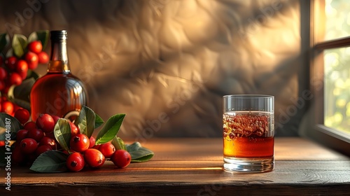 whiskey in a glass with ice. Concept: Relaxation and enjoyment at the end of the working day, a cozy alcoholic evening.
