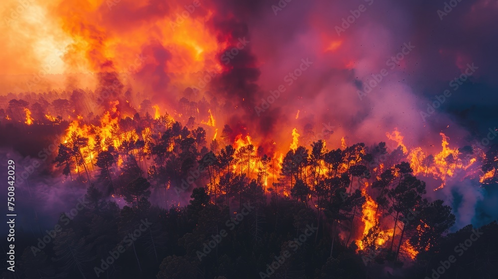 Twilight blaze aerial view captures engulfing flames and thick smoke over fiery woodland. Forest fires Twilight blaze aerial view captures engulfing flames and thick smoke over fiery woodland. Forest fires