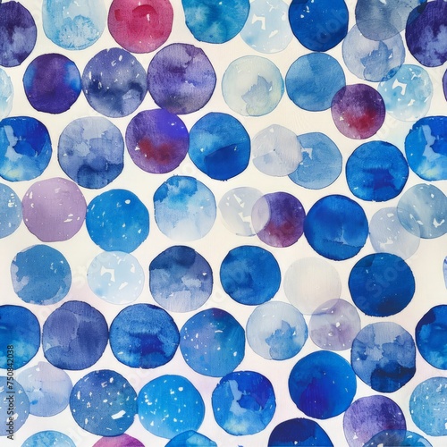 This painting features bold blue and red circles against a stark white backdrop. The circles vary in size and overlap, creating a dynamic and visually striking composition.