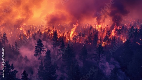Dramatic aerial shot of dusk forest fire  with vivid flames and sprawling smoke against a vibrant sky. Forest fires