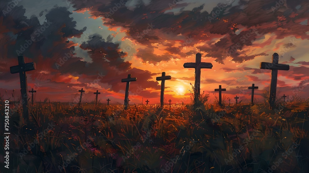 Serene sunset at a field with crosses, peaceful graveyard scenery, calm dusk landscape illustration. AI - obrazy, fototapety, plakaty 