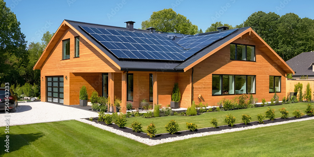 AI Generated, a new suburban house with a photovoltaic system on the roof, along with modern eco-friendly features like a passive design, solar panels, a driveway, and a landscaped yard. AI Generated, a new suburban house with a photovoltaic system on the roof, along with modern eco-friendly features like a passive design, solar panels, a driveway, and a landscaped yard.