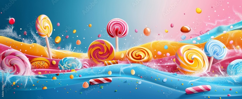 Dynamic candy fantasy scene with swirling lollipops and floating sweets against a vivid blue background.