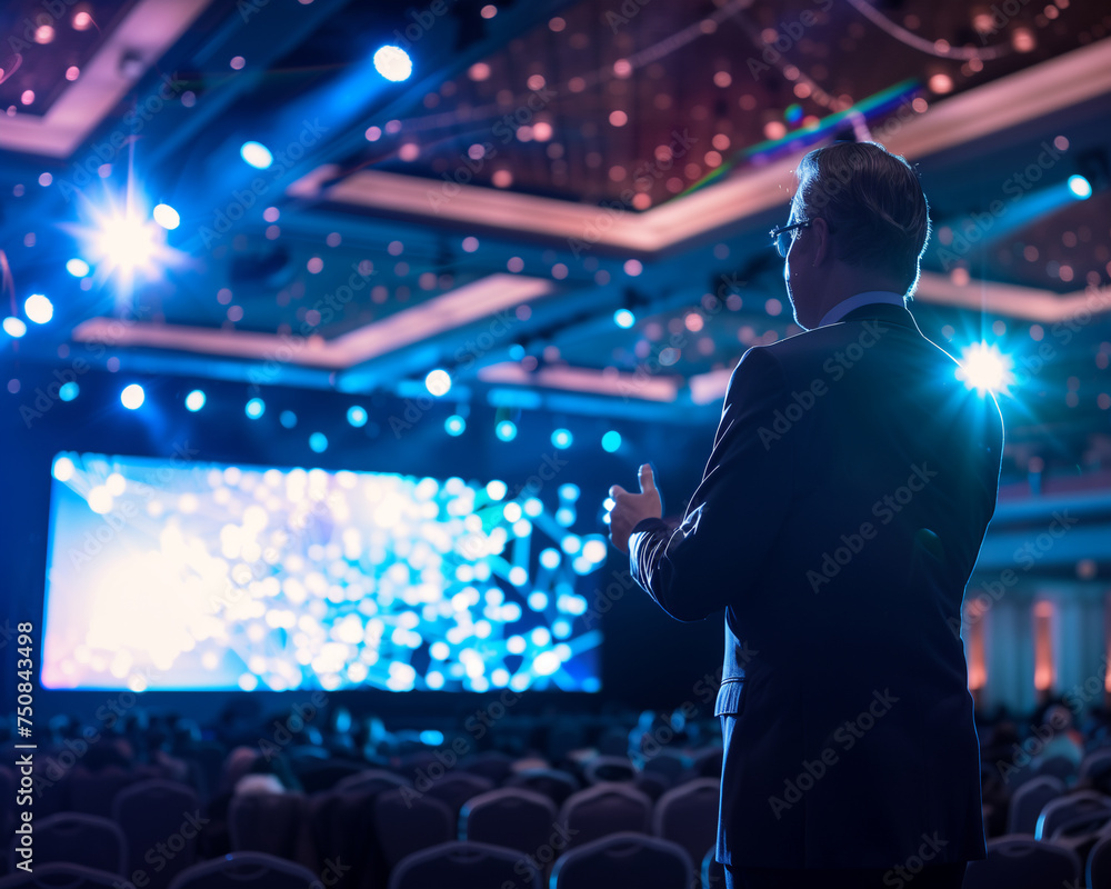 Silhouette of a male speaker presenting at a professional conference with a blurred audience in the background Silhouette of a male speaker presenting at a professional conference with a blurred audience in the background