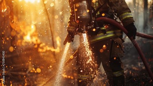 Focused firefighter douses flames, a close-up shot capturing reflective gear and mid-air water droplets at dusk. Forest fires