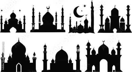 Eid Mubarak night mosque silhouette Arabian city black silhouette, 