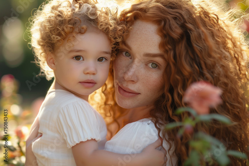 Mother day concept. Portrait of mom and her small daughter outside. Curly red haired freckled woman holds baby in her arms.