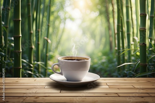 Coffee in a cup with green bamboo forest background | Relaxing breakfast drink