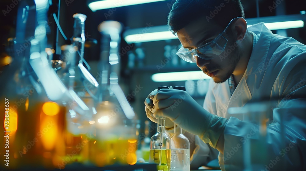 Concentrated male scientist examining a chemical sample in lab. modern scientific research. professional lab work. AI Concentrated male scientist examining a chemical sample in lab. modern scientific research. professional lab work. AI