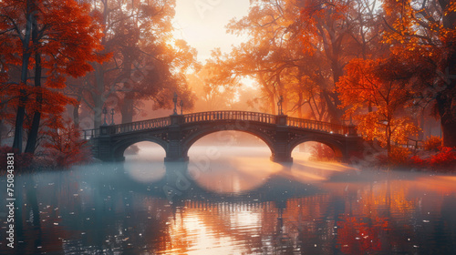 Autumn nature landscape. Lake bridge in fall forest. Path way in gold woods. Romantic view image scene. Magic misty sunset pond. Red color tree leaf park. Calm bright light,