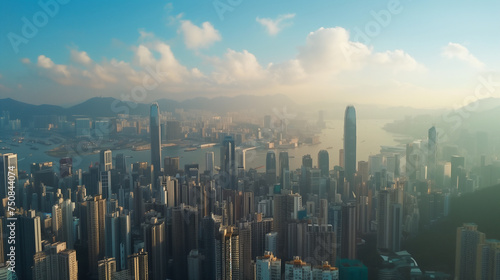 The Hong Kong skyline bathed in the warm glow of dusk, showcasing its dense arrangement of skyscrapers and the surrounding waters