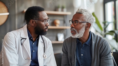 A middle-aged man consulting with a doctor in a bright, modern office, discussing symptoms of andropause and seeking advice, emphasizing care and health management