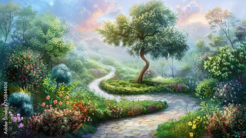This enchanting stock illustration of a lush garden pathway winding through vibrant flora evokes the magical essence of nature's diversity for Arbor Day. photo