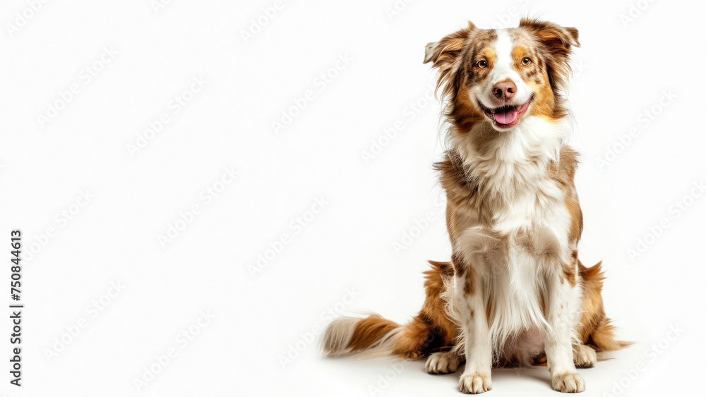 This image features a charming brown and white dog with a beaming smile sitting against a white backdrop This image features a charming brown and white dog with a beaming smile sitting against a white backdrop