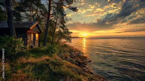 A small hut in a pine forest on the seashore. Sunset. Summer vacation, vacation and travel. photo