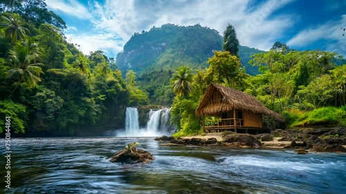 Bamboo hut with waterfall in forest. Seamless looping time-lapse 4k video animation background photo