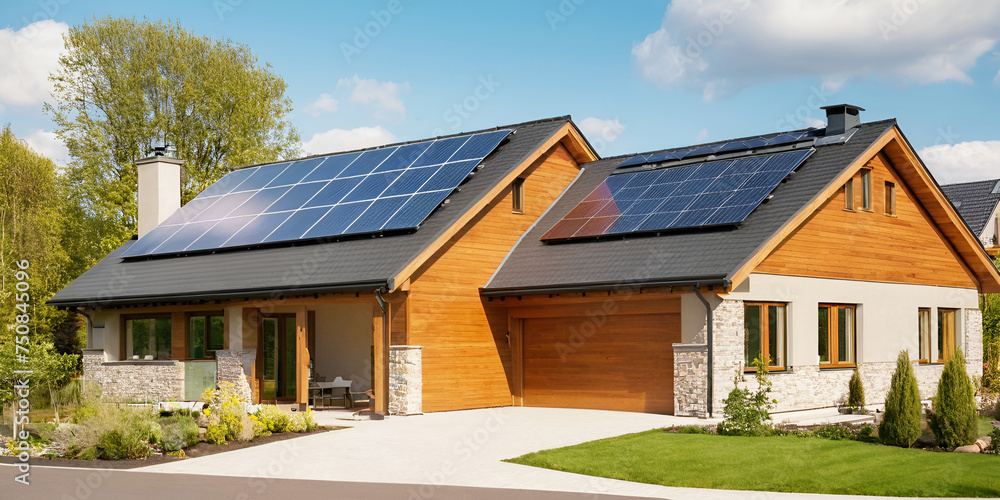 AI Generated, a new suburban house with a photovoltaic system on the roof, along with modern eco-friendly features like a passive design, solar panels, a driveway, and a landscaped yard.