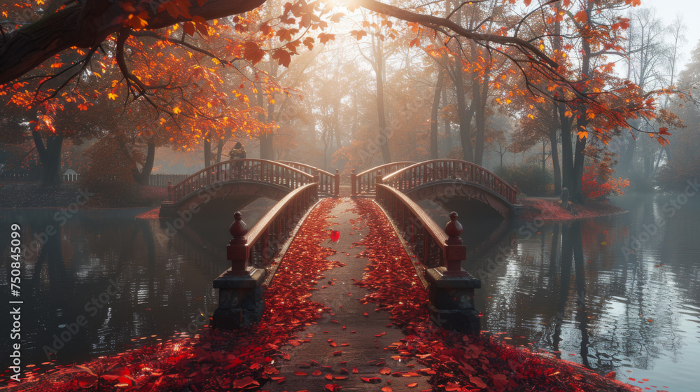 Autumn nature landscape. Lake bridge in fall forest. Path way in gold woods. Romantic view image scene. Magic misty sunset pond. Red color tree leaf park. Calm bright light,