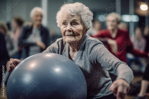 Senior Woman Engaged in Stability Ball Exercise Class