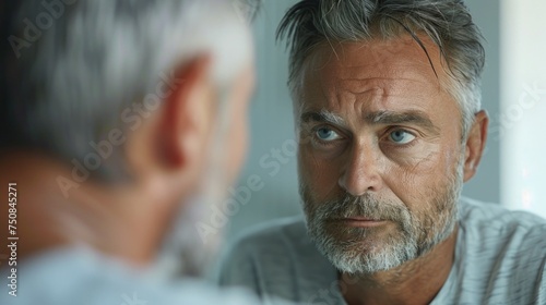 A middle-aged man looking at himself in the mirror with a contemplative expression, reflecting on identity and self-image challenges during andropause photo