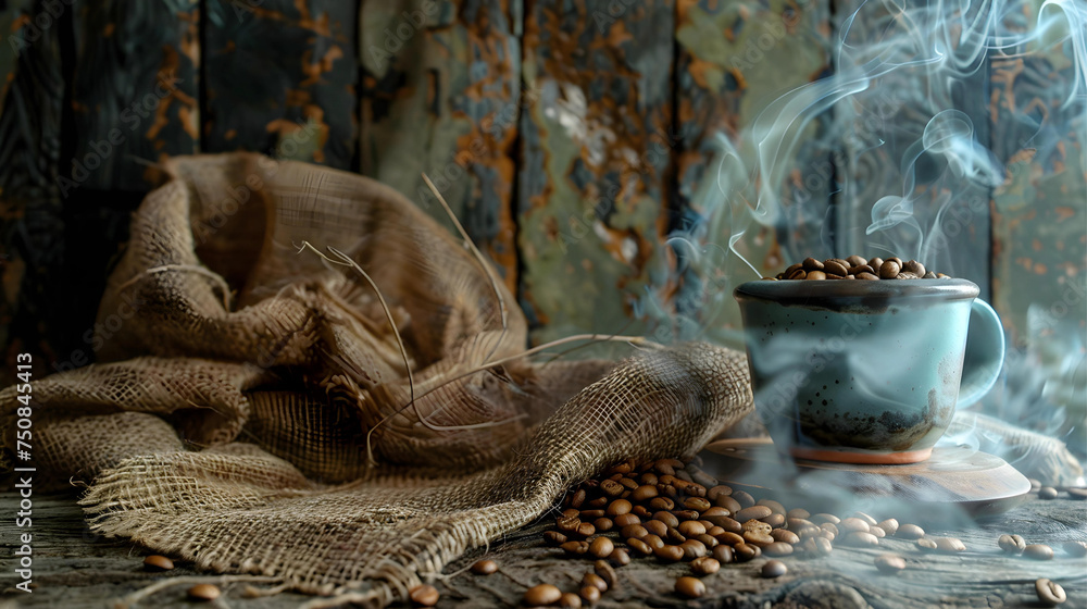 Coffee cup and coffee beans on a wooden table in rustic style Coffee cup and coffee beans on a wooden table in rustic style