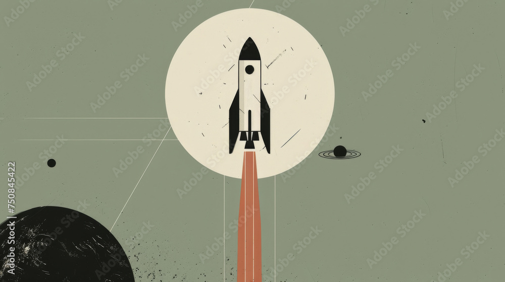 A minimalist black and white illustration of a rocket launch, capturing the ambition of human spaceflight against the tranquility of the cosmos. - obrazy, fototapety, plakaty 