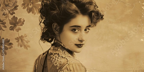 woman in dress 19th century stylization vintage photo Generative AI