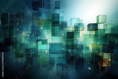 Aquamarine squares in 3d shape, abstract background with green and blue squares,