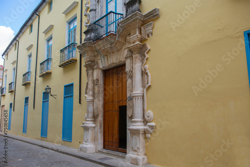 Photography Casa de la Obra Pia main entrance on Calle Obrapia Street at Calle Mercaderes Street in Old Havana (La Habana Vieja), Cuba