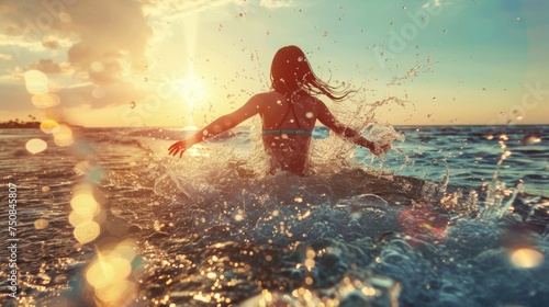 A girl runs into the water for a swim. Splashes of water. View from the back. Summer vacation, vacation and travel. © Restyler