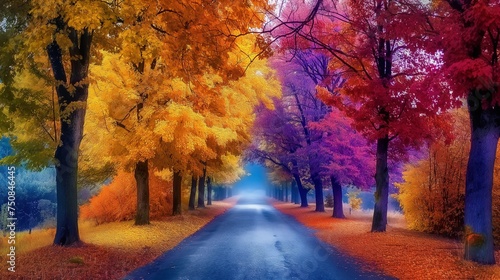 A country road lined with trees in their autumn glory, creating a picturesque corridor of vibrant colors.