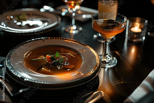 a plate with soup, martinis, and vegetables