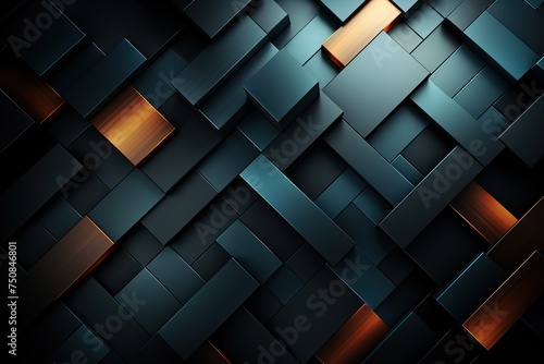 3D abstract of black and gold squares, texture of squares of black and yellow tone. Futuristic modern wallpaper of the future.