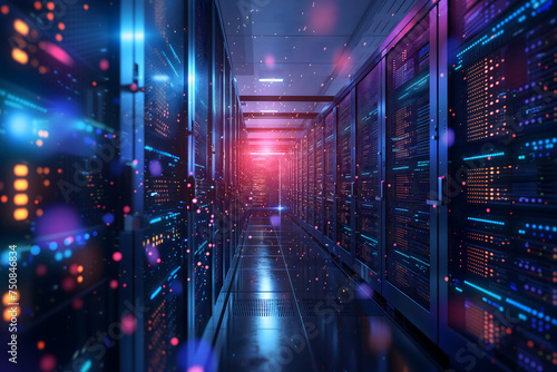 Server room with neon high contrast lighting. Neural network generated image. Not based on any actual scene or pattern. © lucky pics