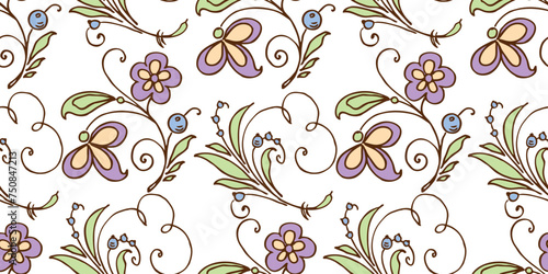 Decorative twigs outlines with fantasy flowers, berries, green leaves and tendrils seamless pattern vector background, textile,paper,wallpaper