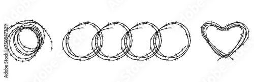 Hand drawings of set coils of barbed wire, black and white vector illustration isolated on white