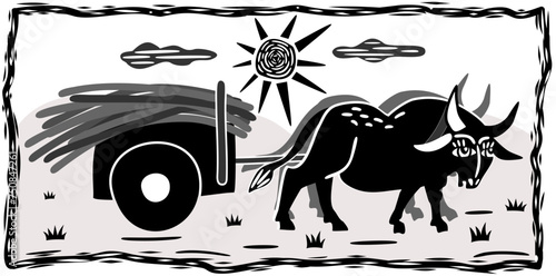 Ox cart. Brazilian northeast cordel woodcut illustration