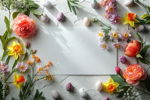 Easter card concept. eggs and flowers with empty space for your text on white background. Springtime  religious and seasonal style.