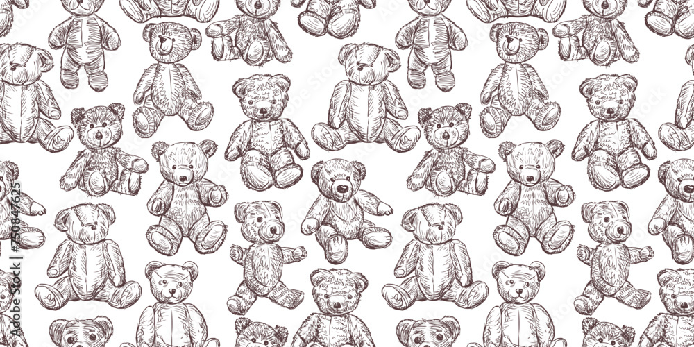 Sketches Teddy bears old toys collection seamless pattern vector childish background wallpaper paper 