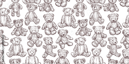 Sketches Teddy bears old toys collection seamless pattern vector childish background wallpaper paper 