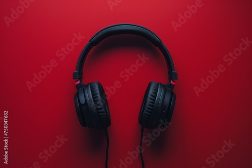 A pair of black headphones laying on a vibrant red background. The headphones are resting with the earpieces facing up, creating a striking contrast against the solid red surface.